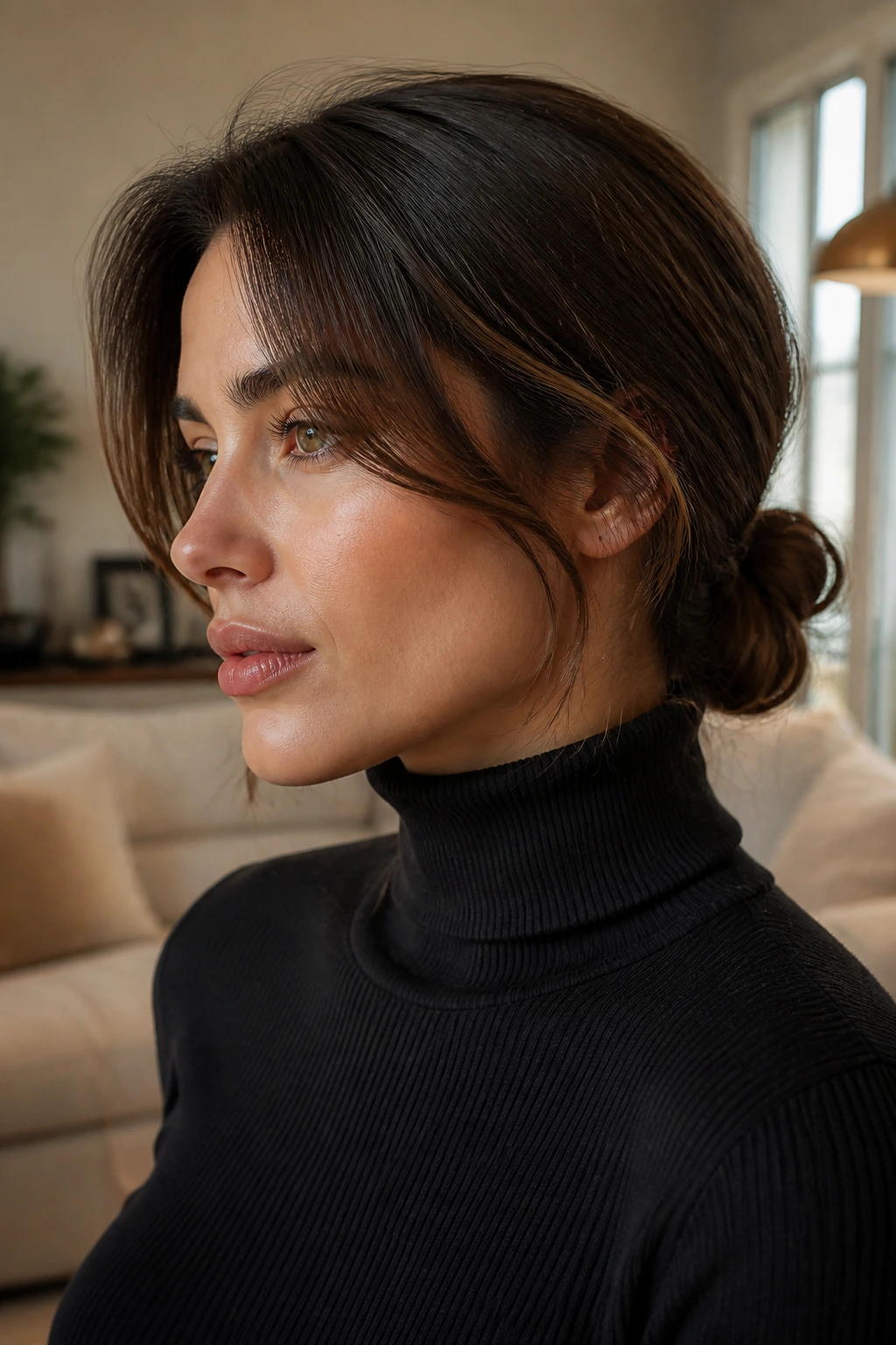 Portrait of a woman with a low knot and soft curtain bangs