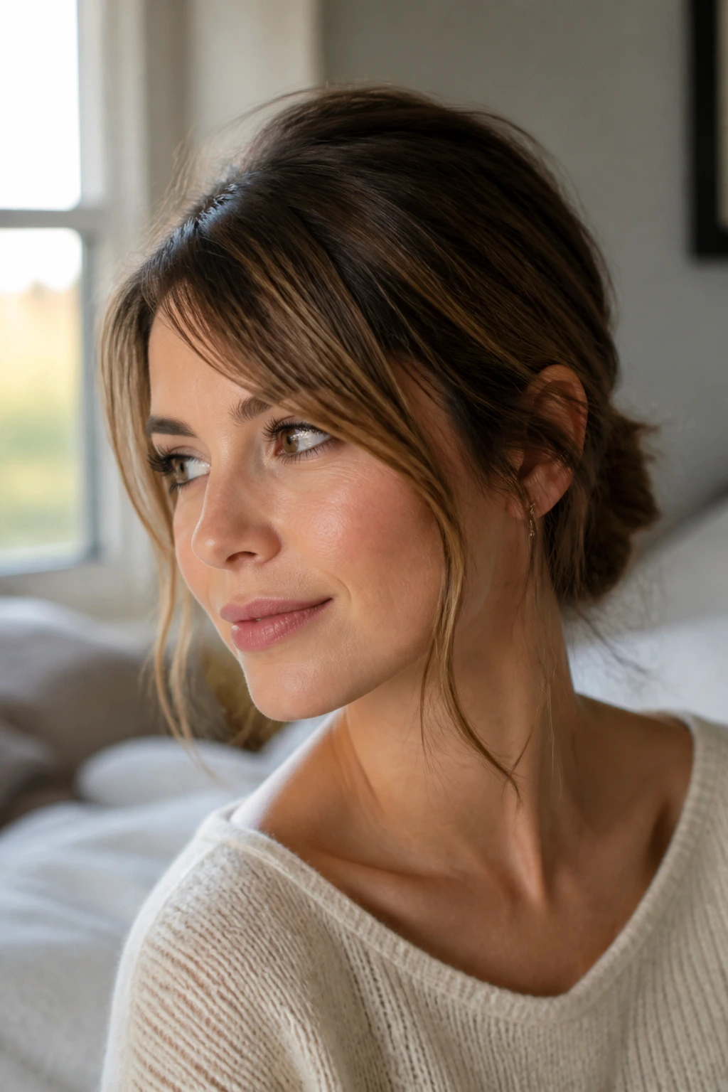 Close-up of a real woman with a low knot and face-framing pieces