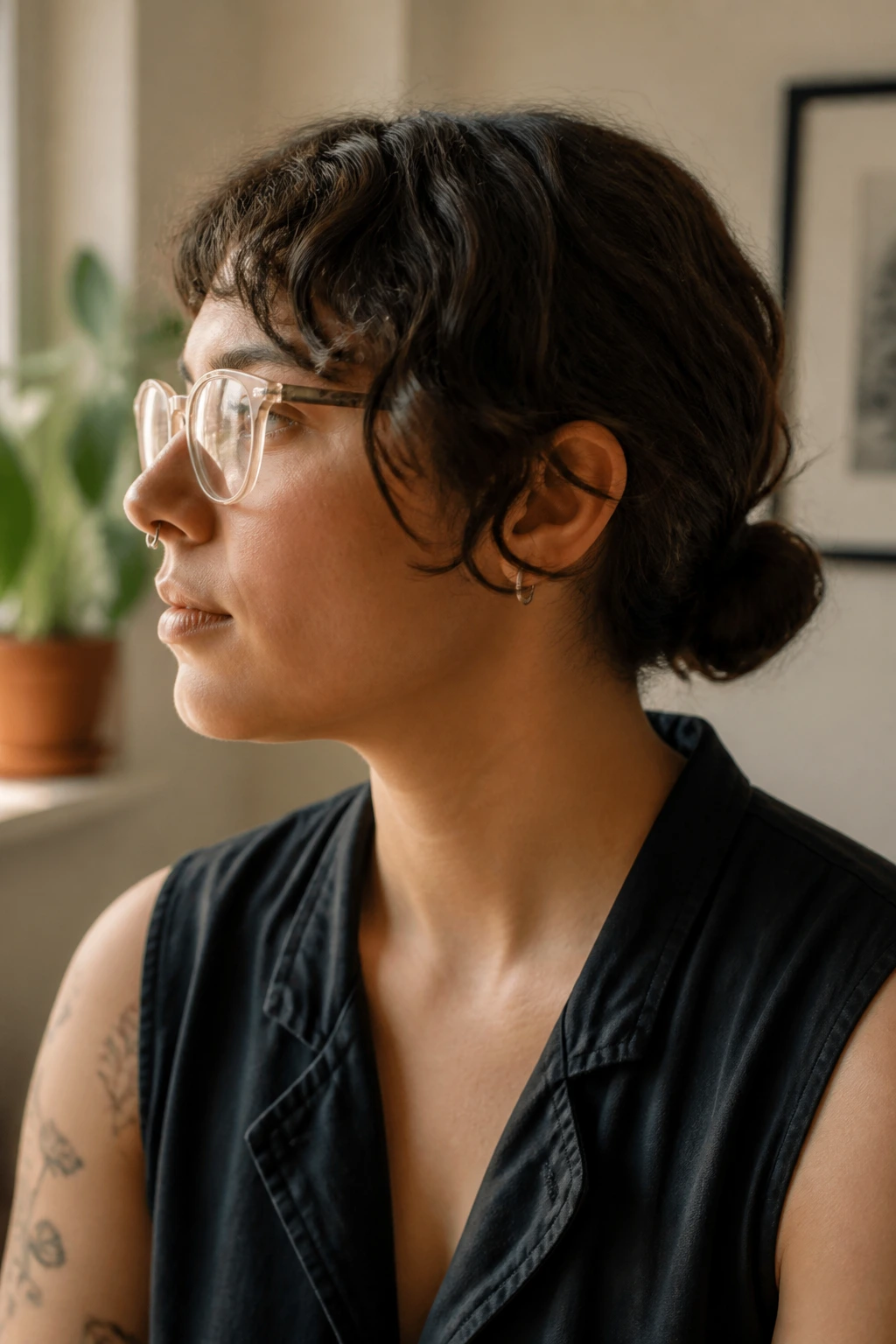 Portrait of a person with a low knot hairstyle, glasses, and small earrings.