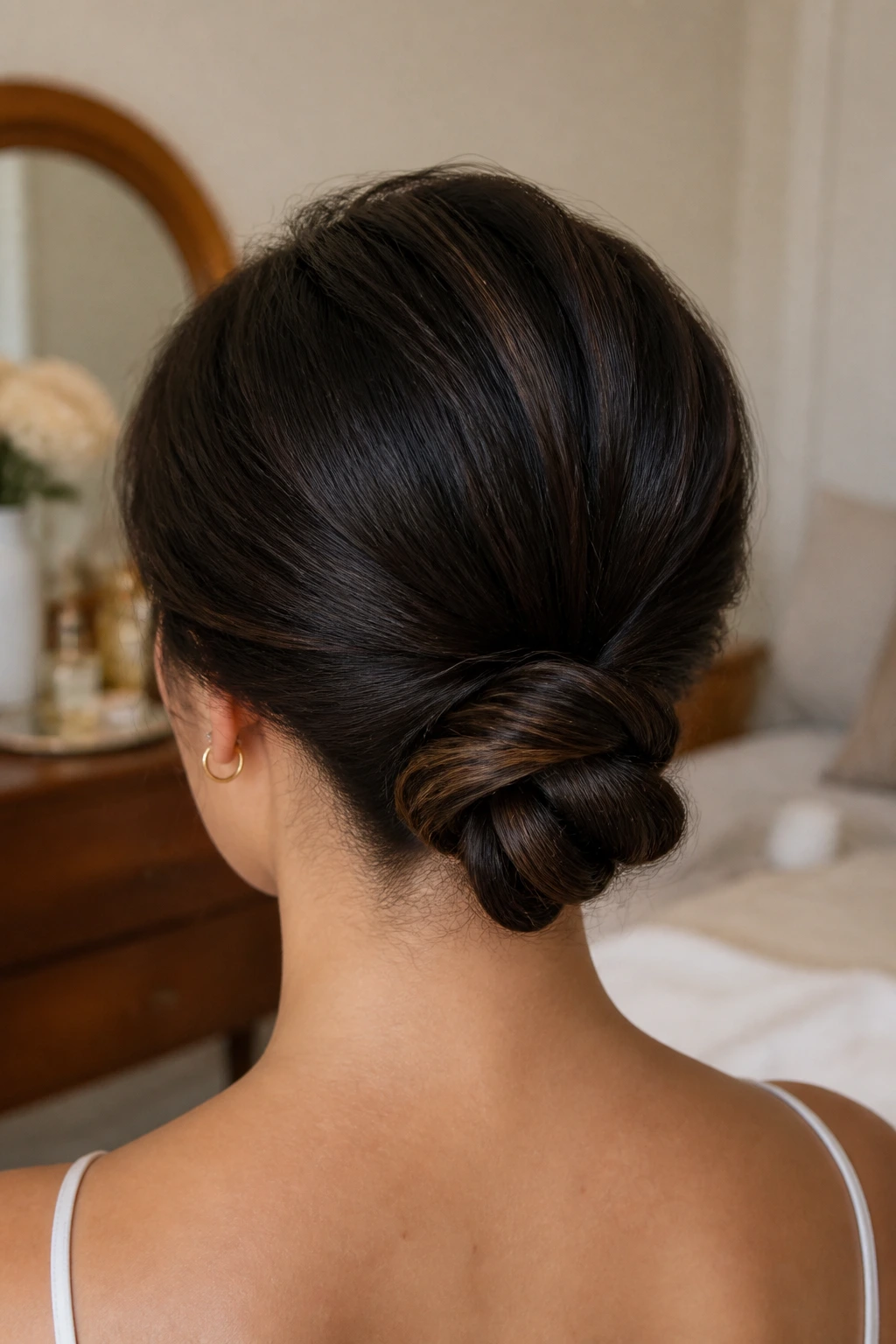 Back view of a real woman with a sleek low knot and crown lift