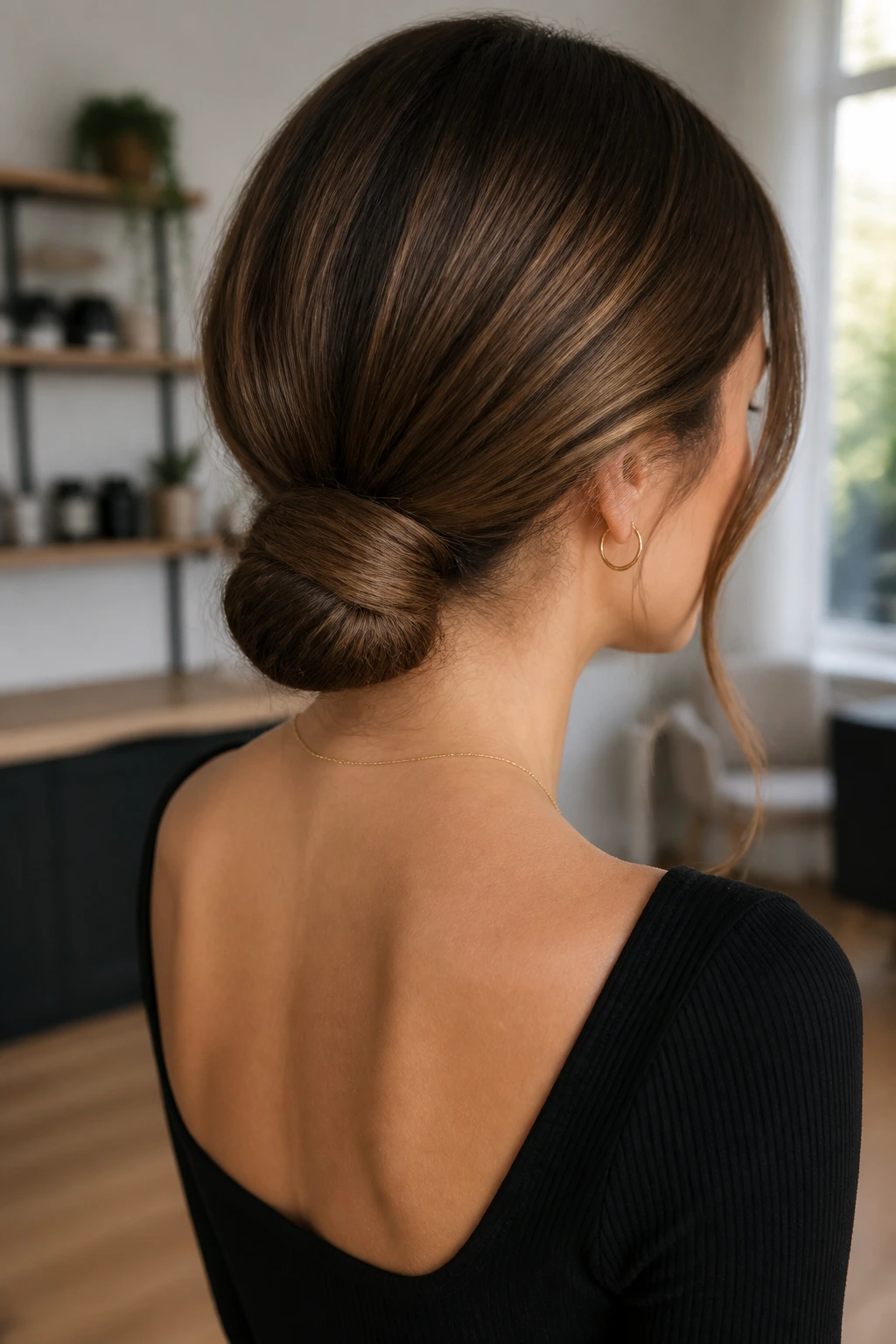 Three-quarter rear view of a real woman with a low nape knot wrapped to look longer