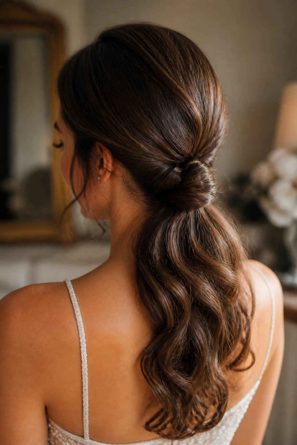 Real woman with a low knot and loose length waves