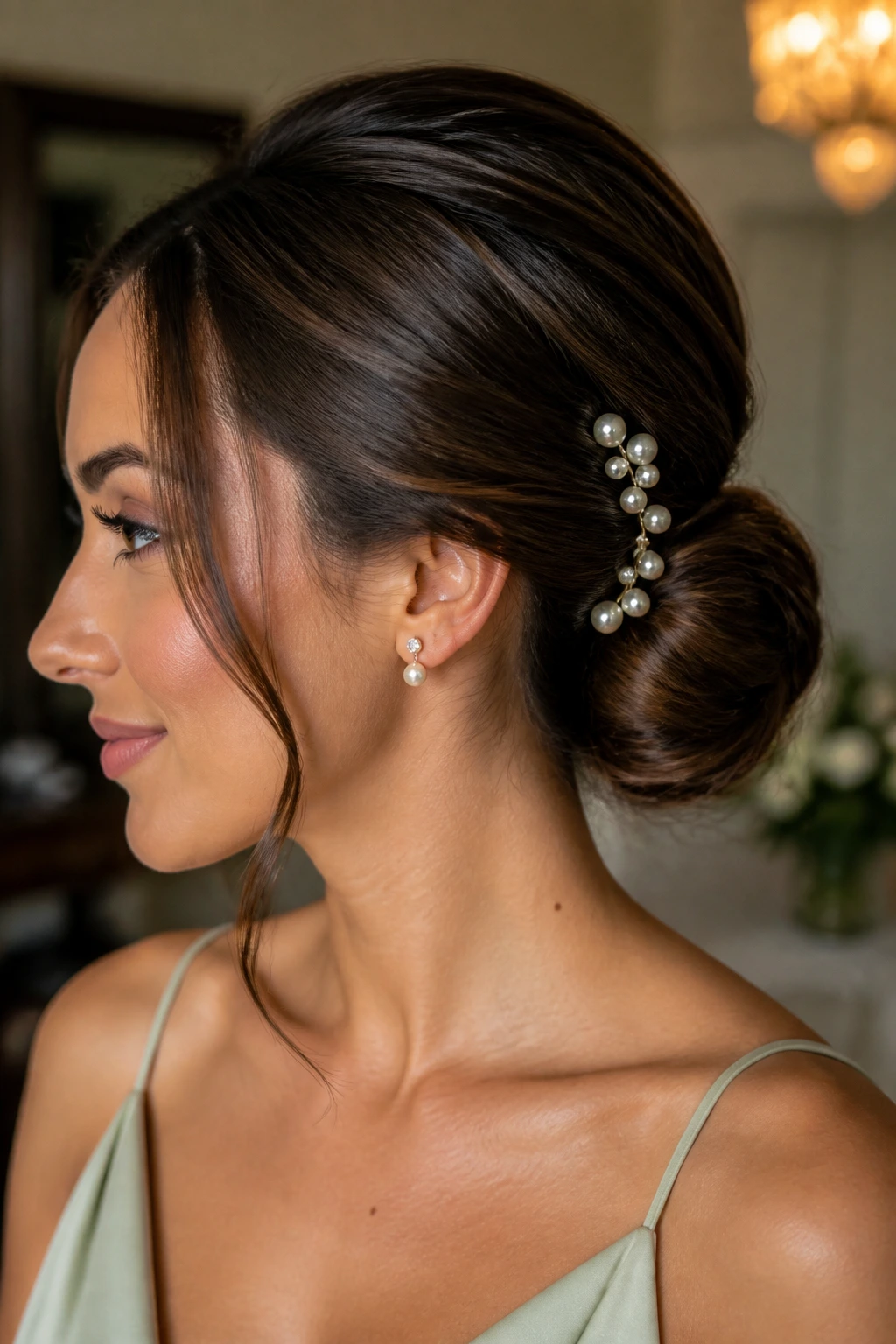 Close-up of a real woman with a low knot and pearl pins.