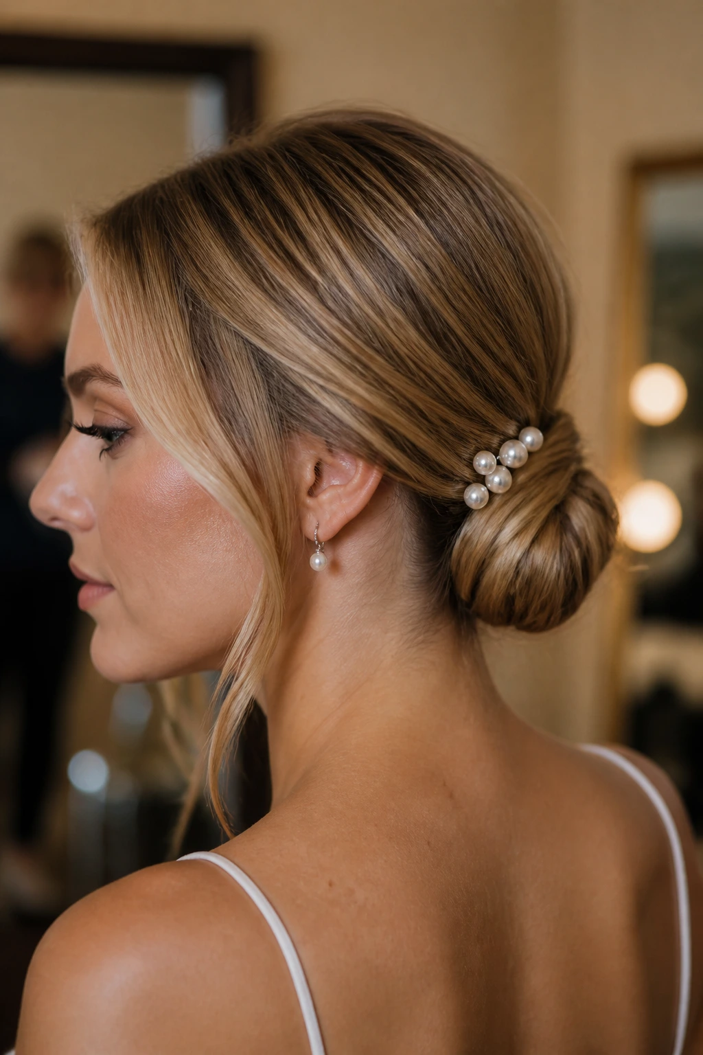 Close-up of a real woman with a pearl-pinned low knot hairstyle