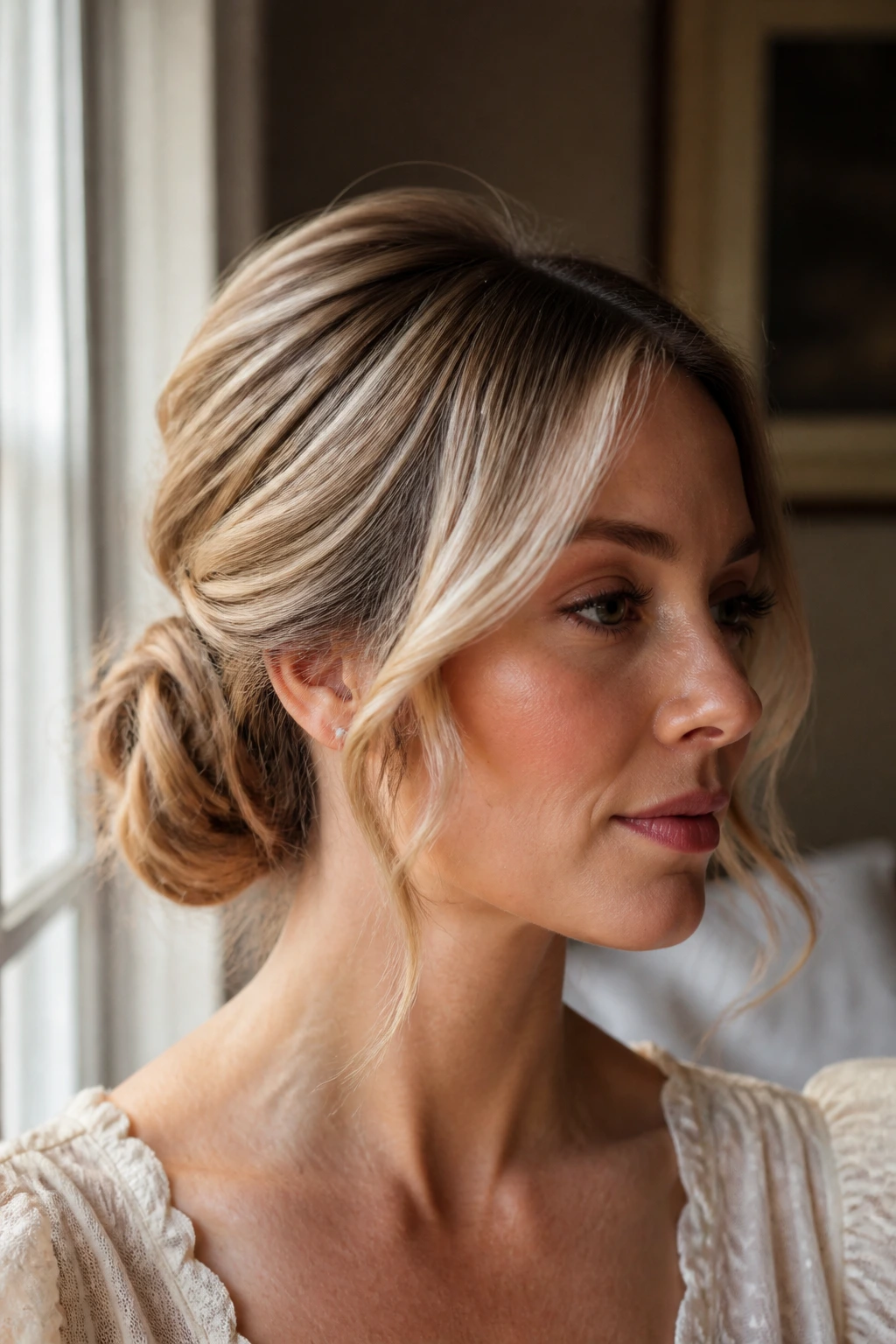 Close-up of a real woman with a low knot and sculpted side swoops.