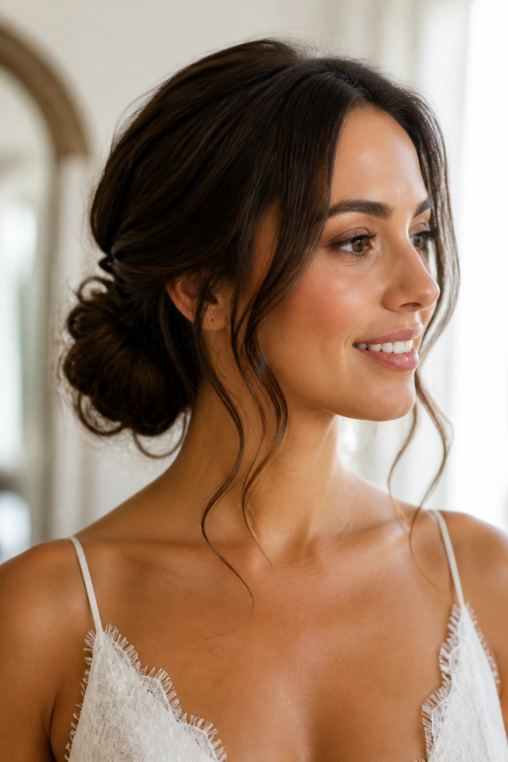 Close-up of bride with a low knot and soft side pieces