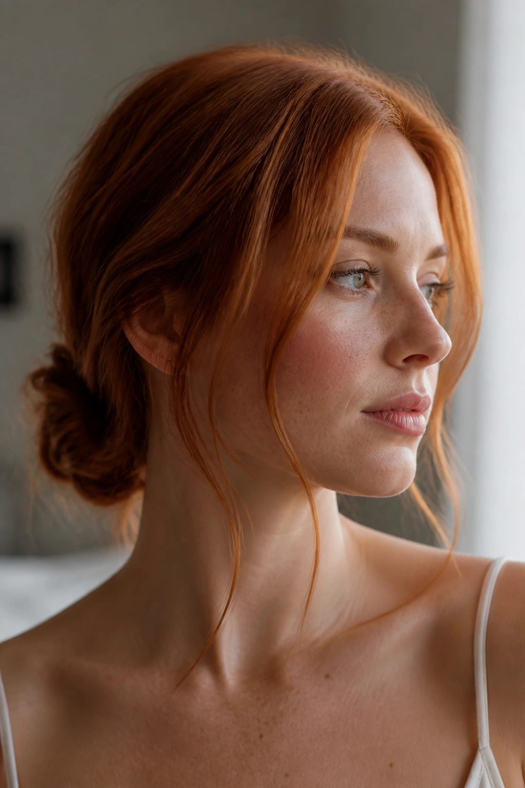 Close-up of a real woman with a low knot and tendrils in red hair