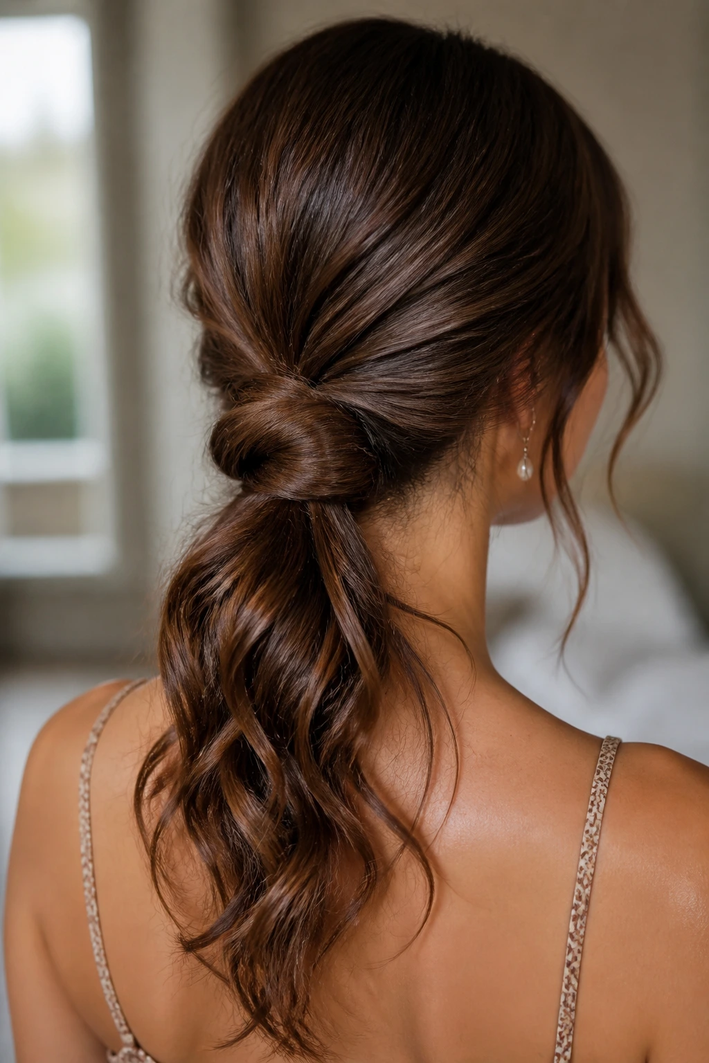 Back view of brunette with low knot at nape and wavy tail