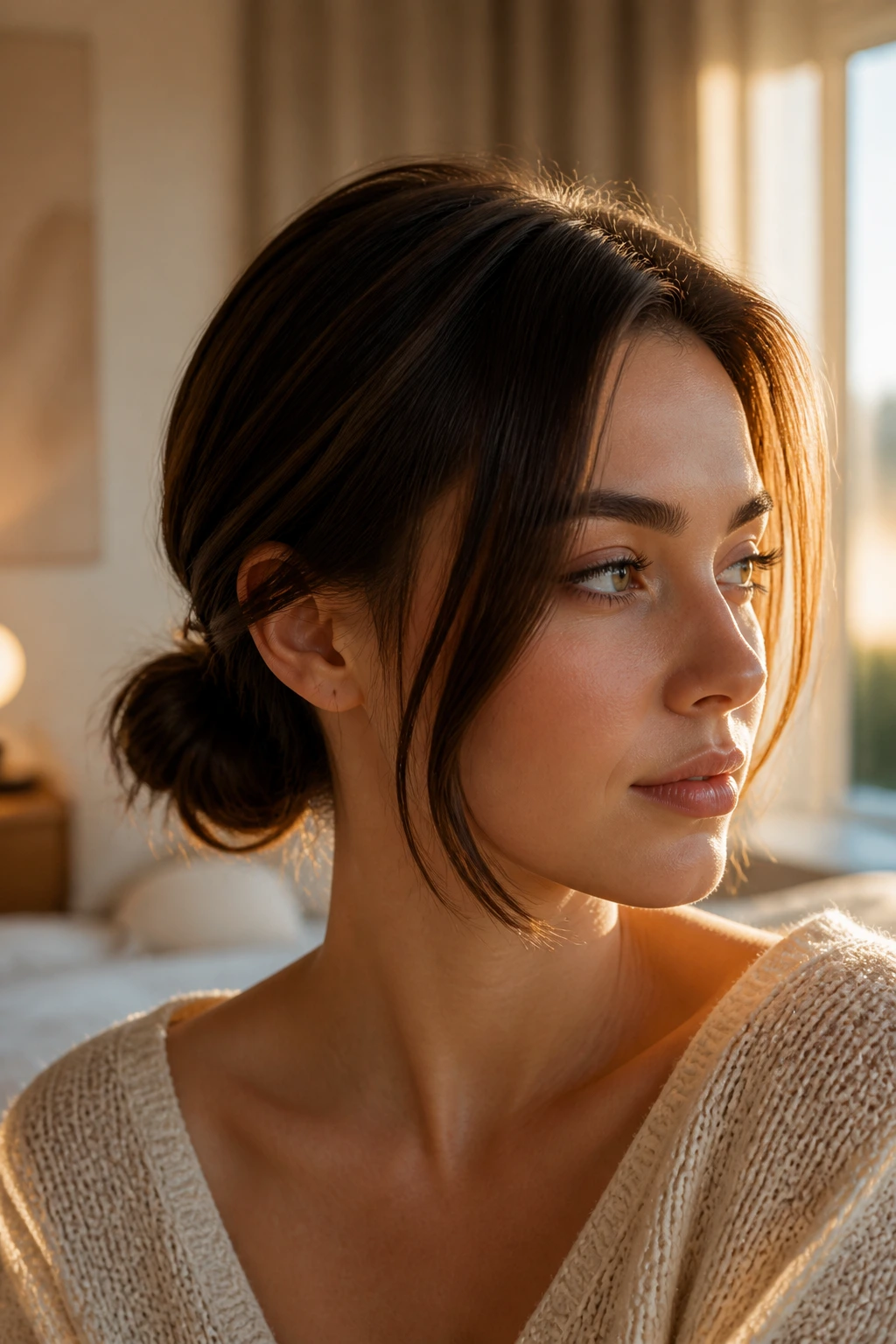 Close-up of a woman with a low knotted bun at the nape and loose front pieces, soft warm light
