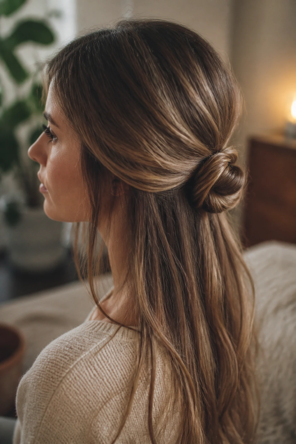 Close-up of real woman with a low knotted half-up bun at the nape.