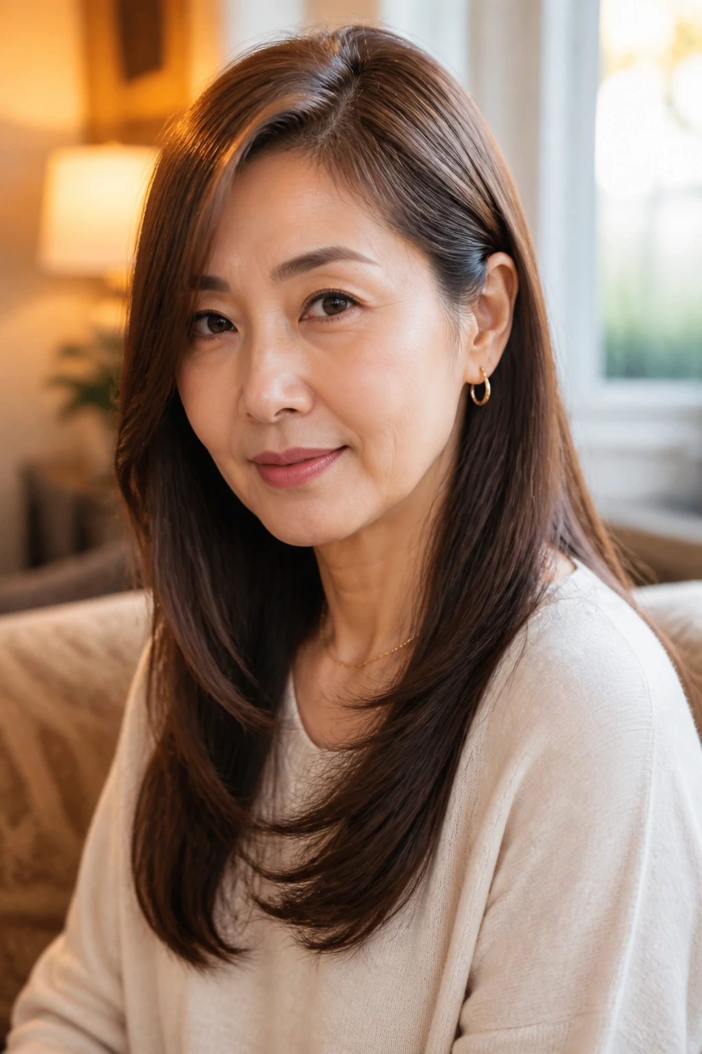 Portrait of a real woman with a low-layer L-shape cut tucked behind the ear