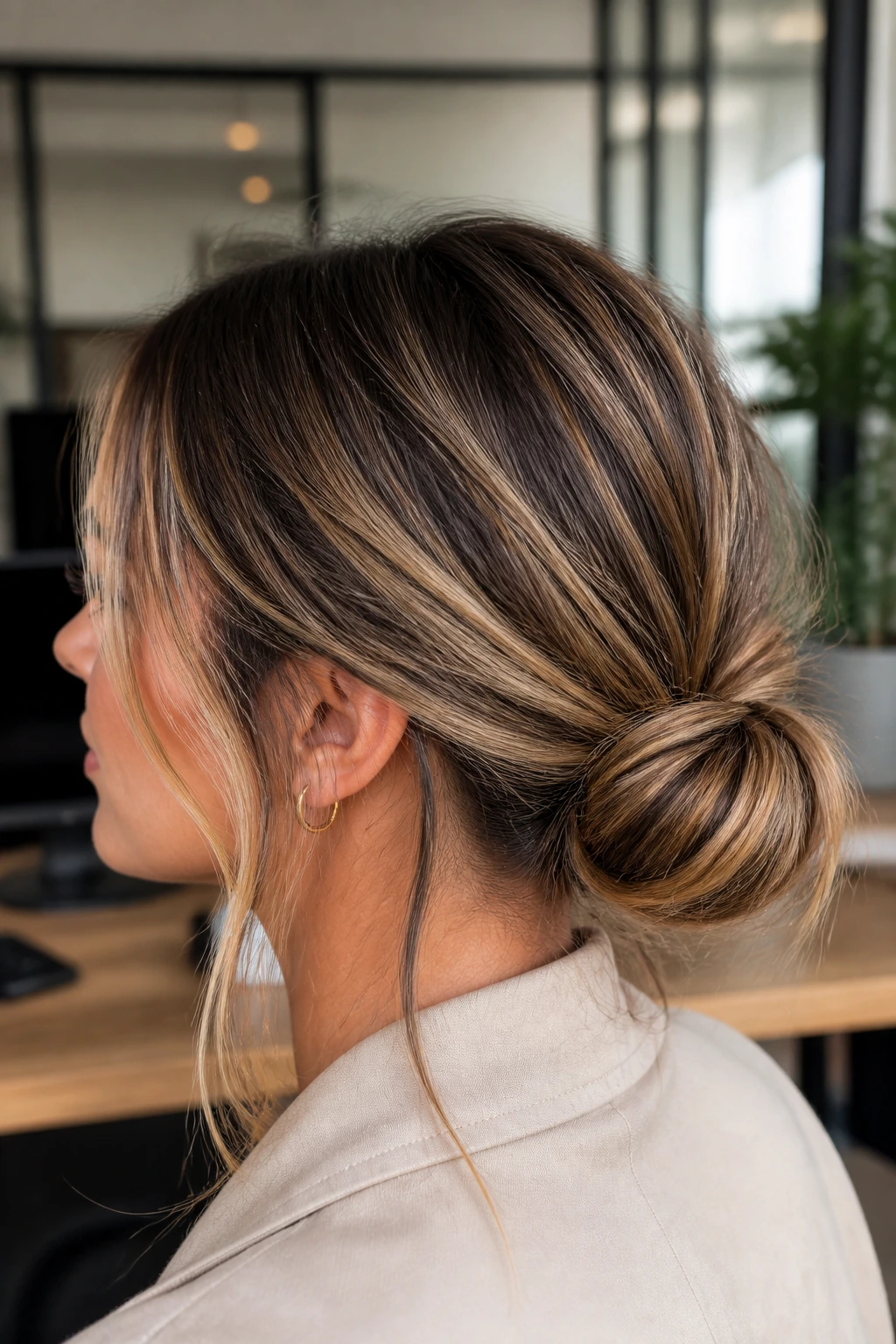 Close-up of a real woman with a low loop bun and hidden elastic framing her face in an office setting.