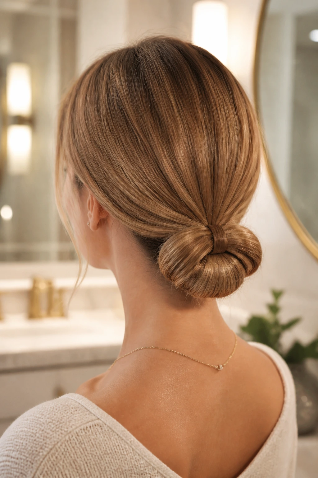 Back view of a real woman with a low loop bun at the nape.