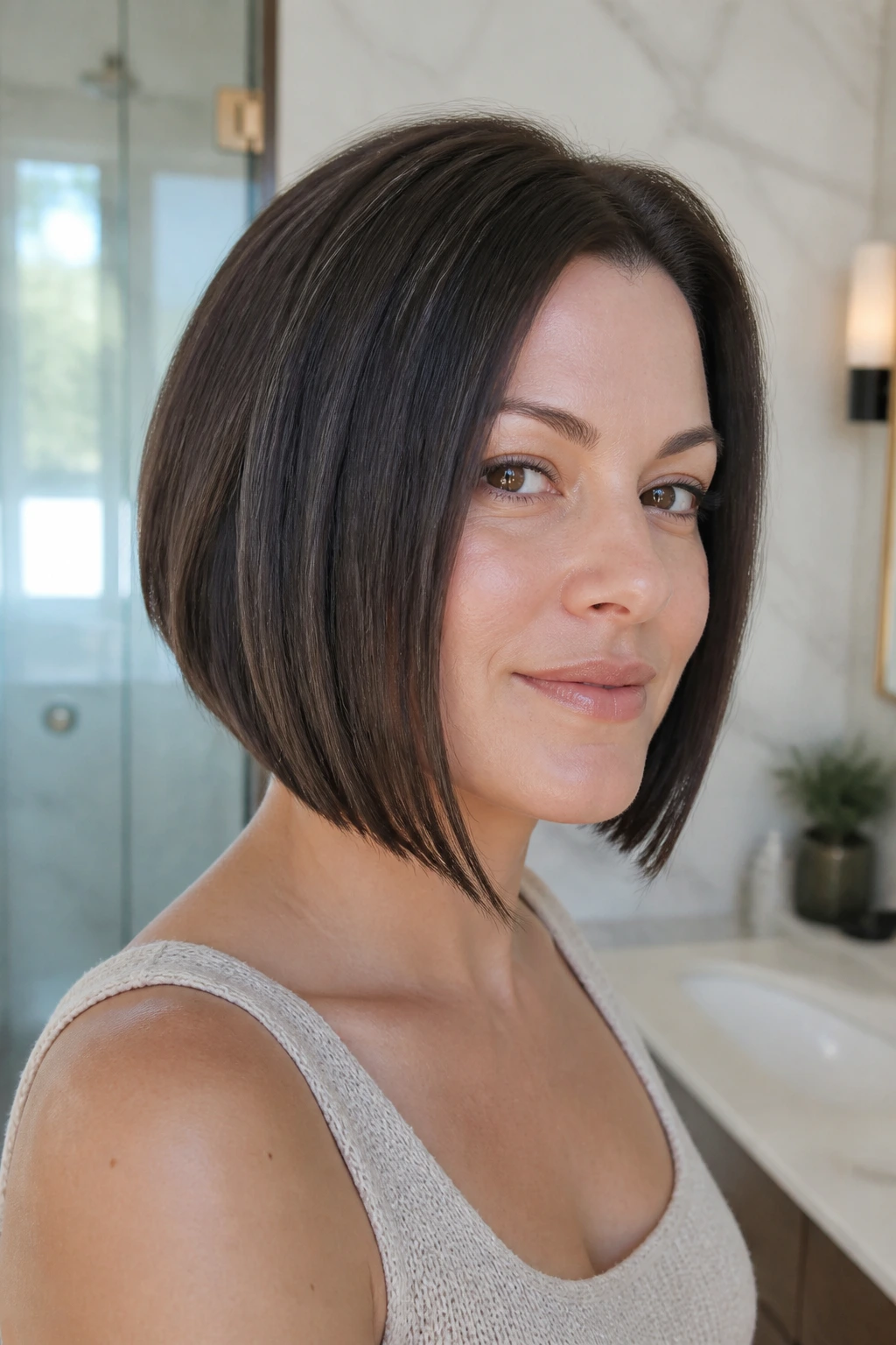 Real woman with low-maintenance A-line bob and minimal layering