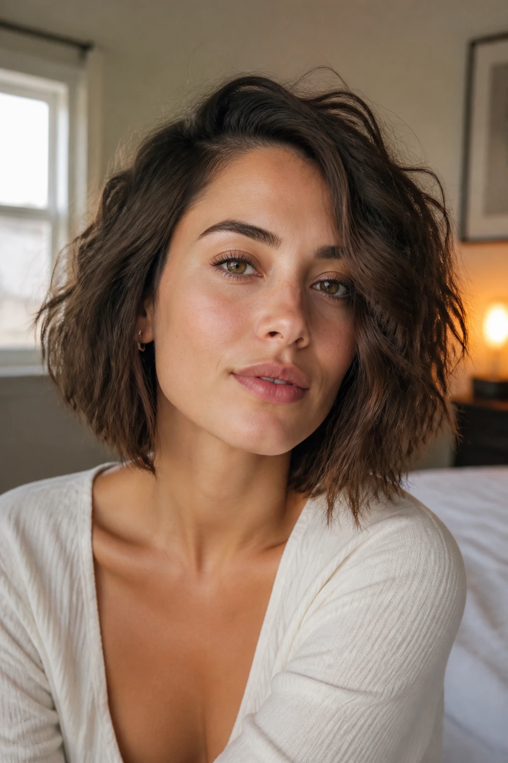 Real woman with low-maintenance air-dry bob in natural morning light.