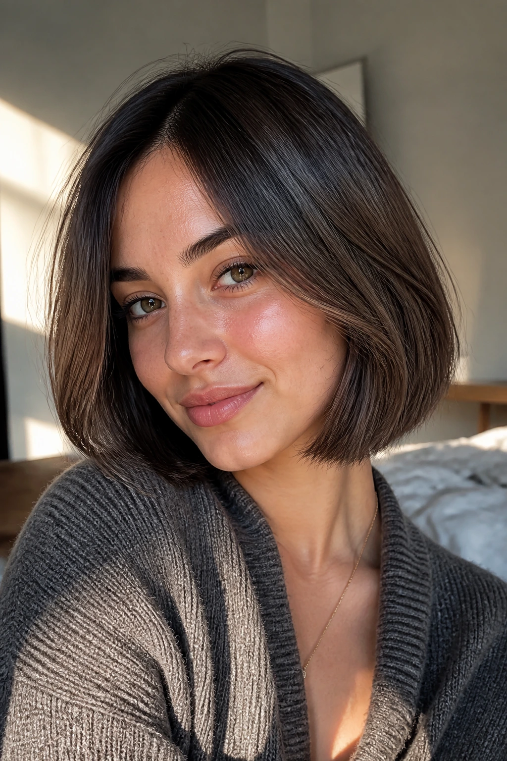 Close-up portrait of a real woman with a chin-length brunette bob and ash mushroom lowlights
