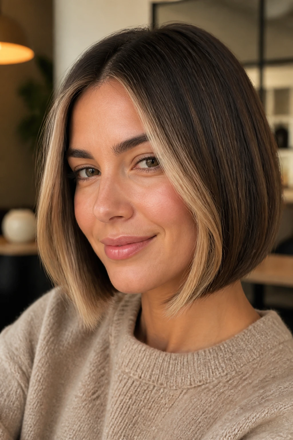 Portrait of woman with soft beige face frame and clean bob