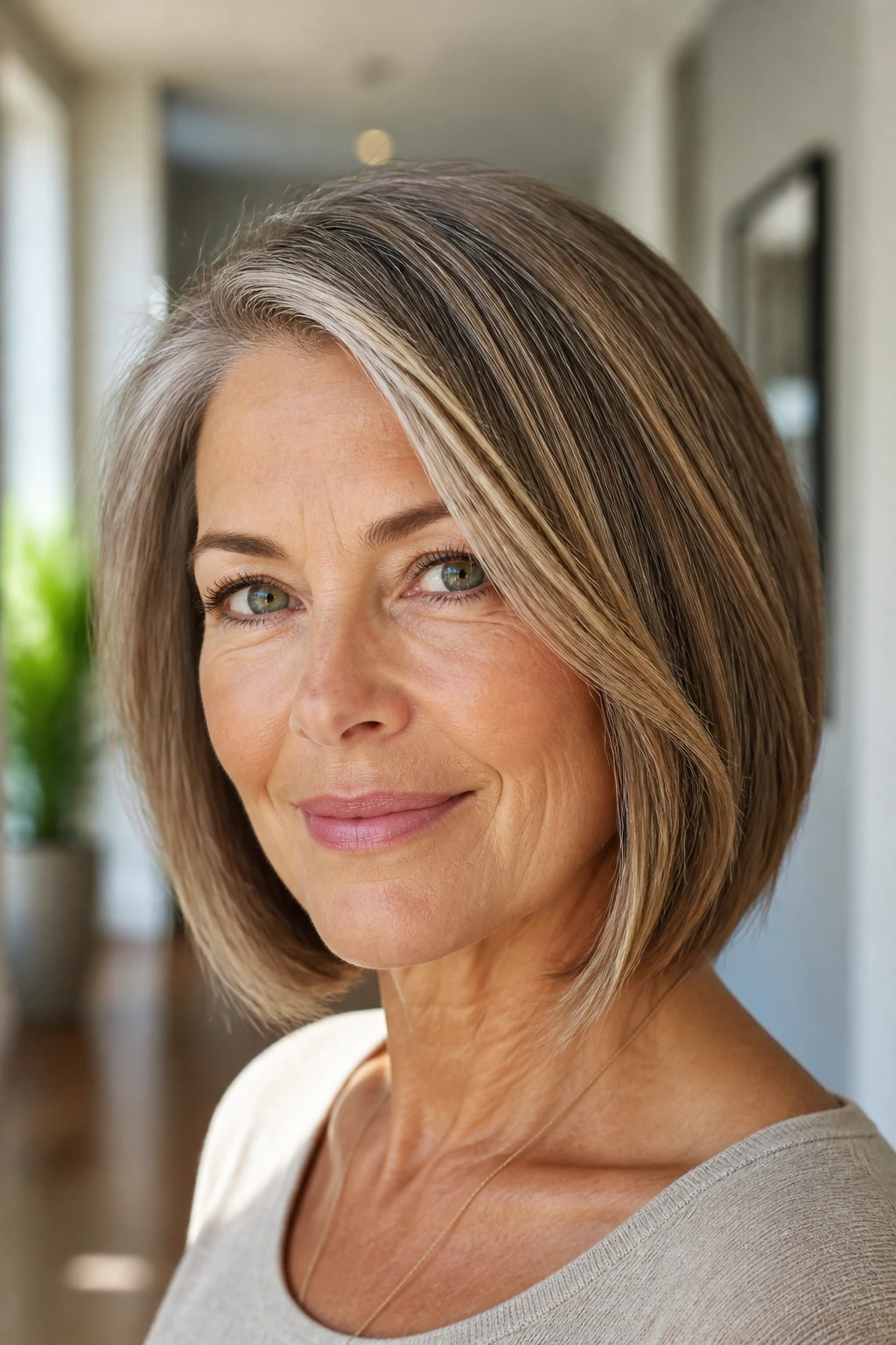 Close-up of a real woman with a softly angled low-maintenance bob