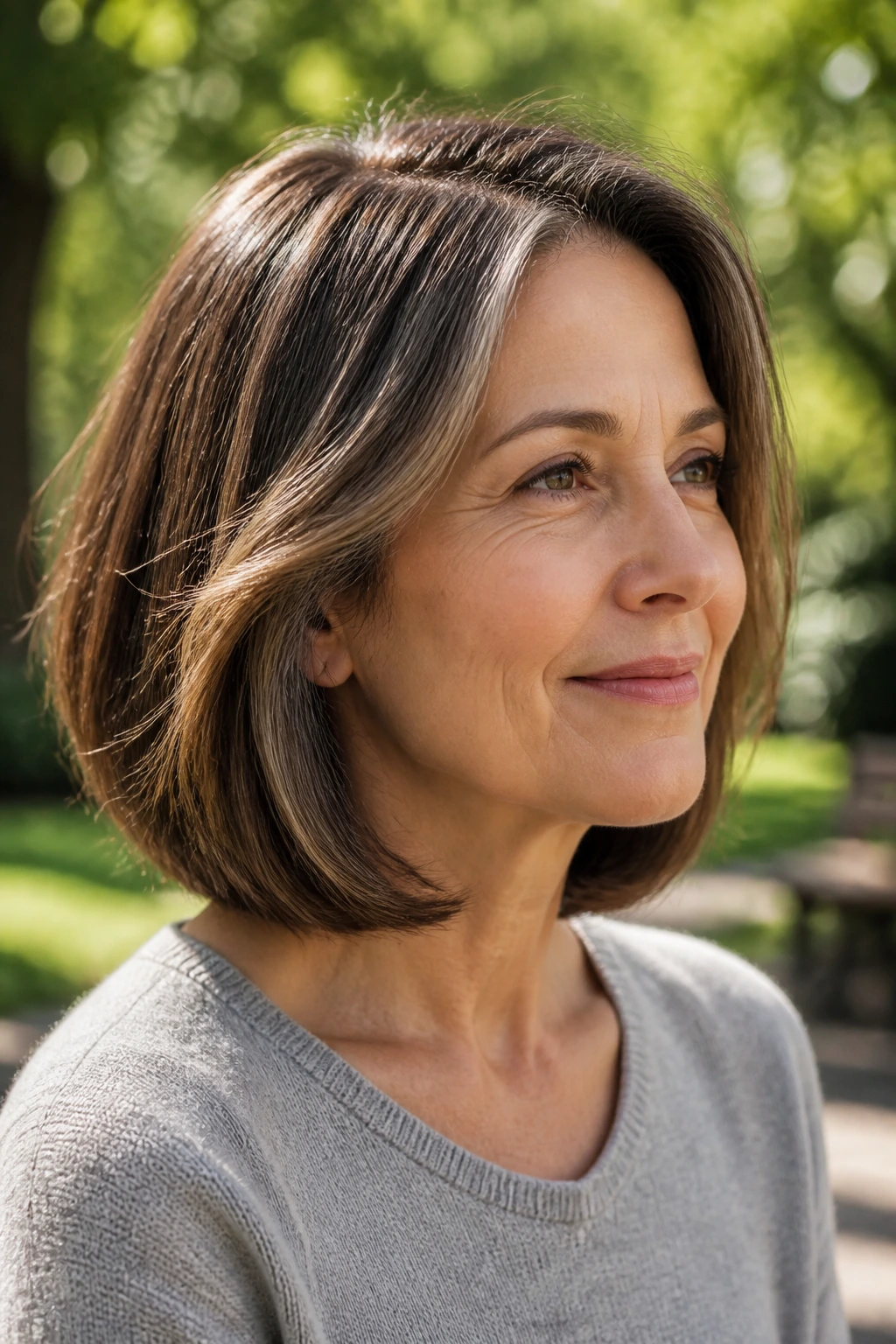 Close-up of a woman with a mid-bob featuring hidden debulking in a park setting.