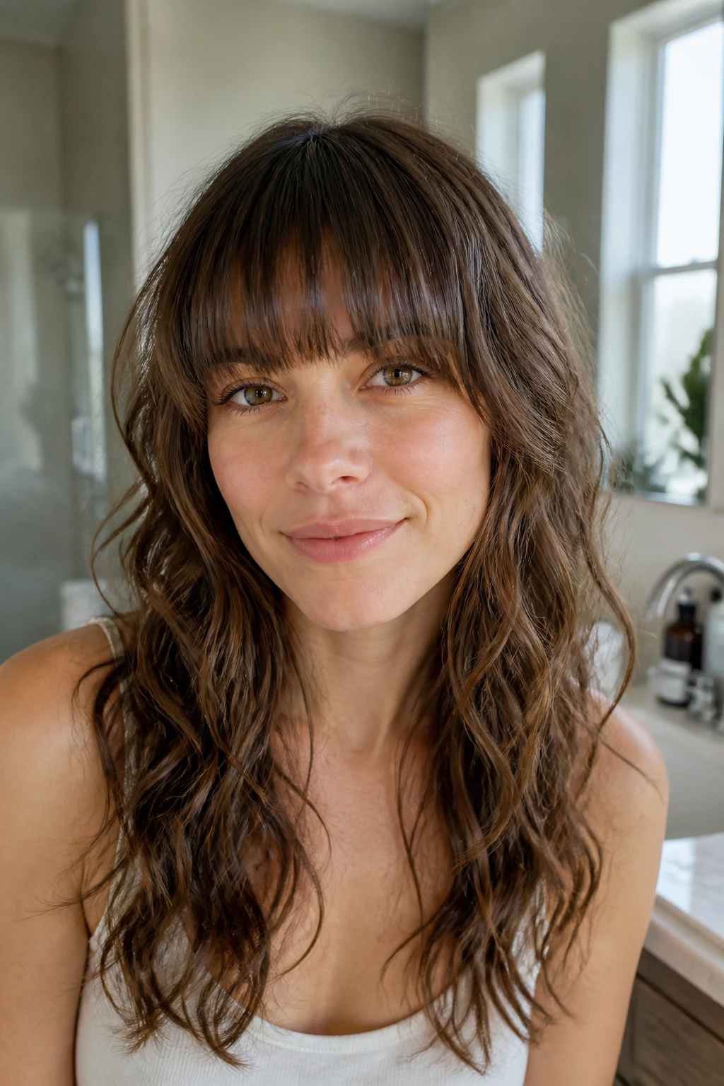 Real woman with long air-dried fringe and loose curls.