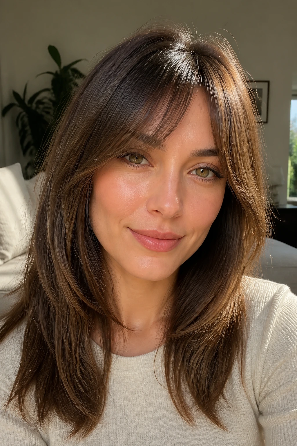 Close-up of real person with long textured feathered fringe.