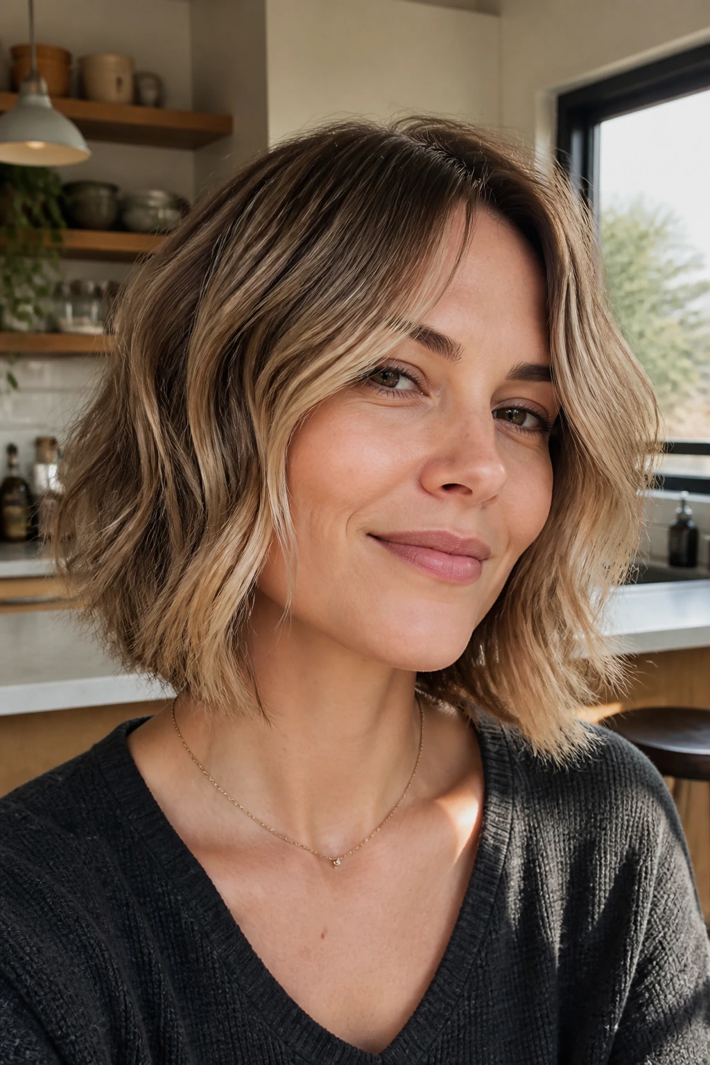 Close-up of low-maintenance grow-out bob on a real woman