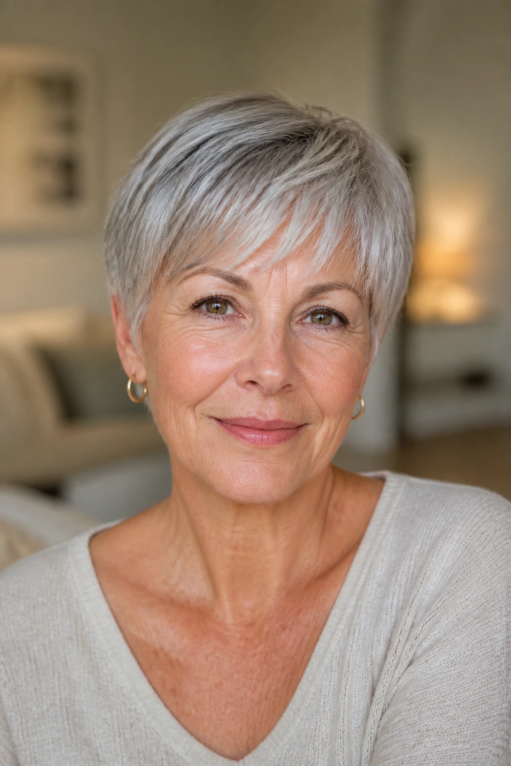 Portrait of a real woman with a low-maintenance haircut suitable for women over 50