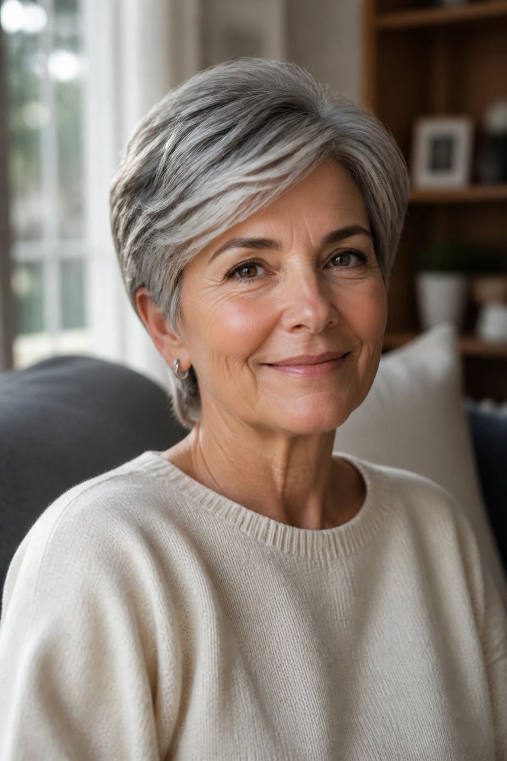 Close-up portrait of a woman with a simple low-maintenance haircut in warm window light