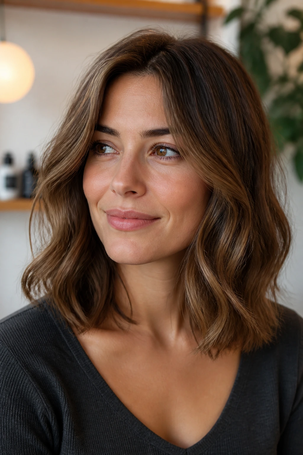 Portrait of a woman with a collarbone-length low-maintenance lob