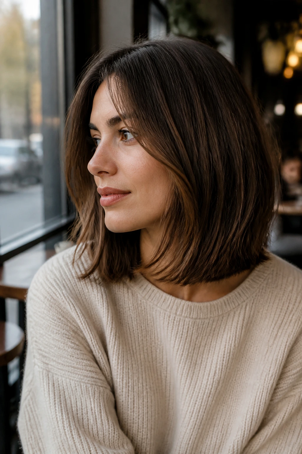 Close-up of a real woman with a low-maintenance lob featuring floating layers and a relaxed look