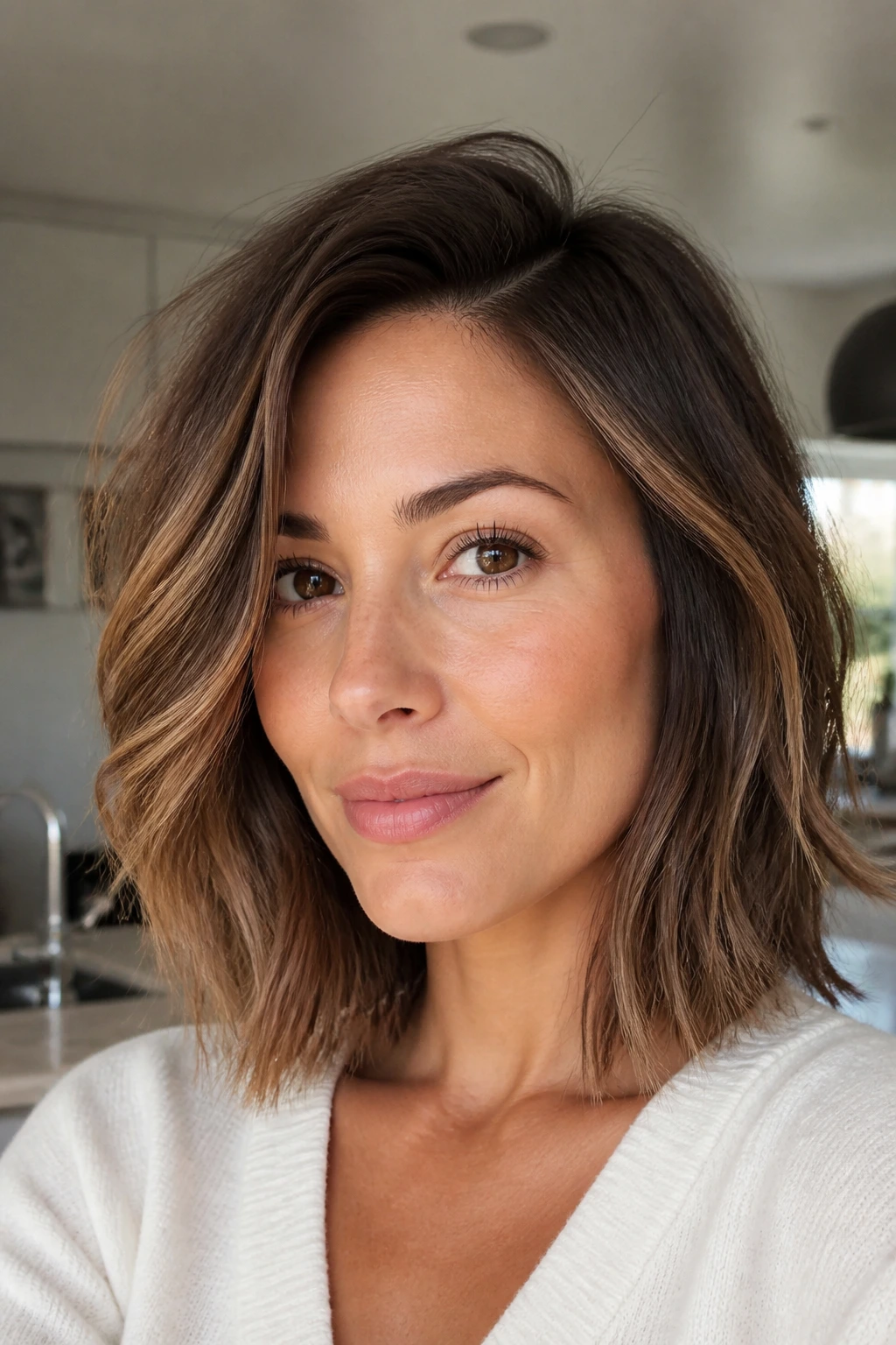 Close-up of real woman with low-maintenance lob and subtle crown lift