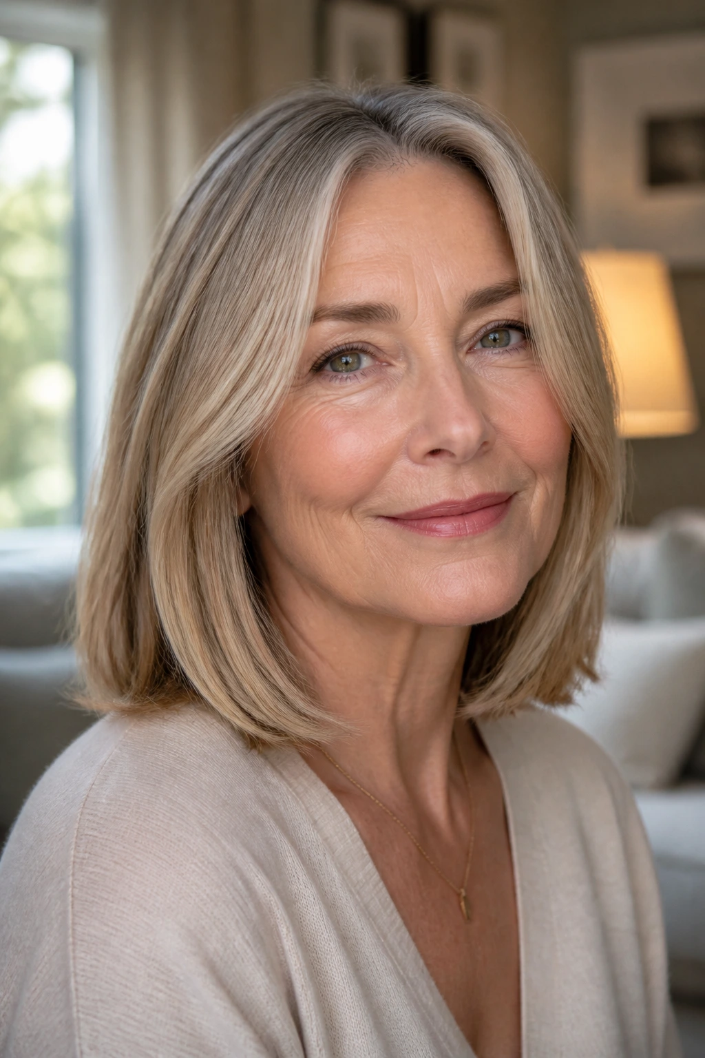 Close-up portrait of a real woman with a low-maintenance lob and soft front framing