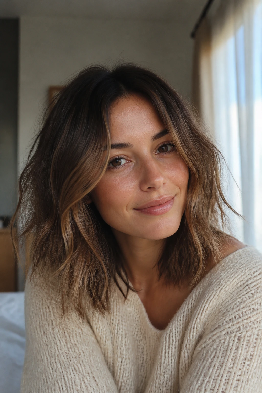 Close-up portrait of a person with low-maintenance lob and day-two texture
