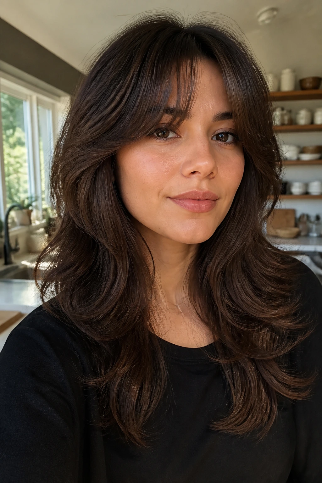 Close-up of real woman with split bangs and rounded layers in warm home light