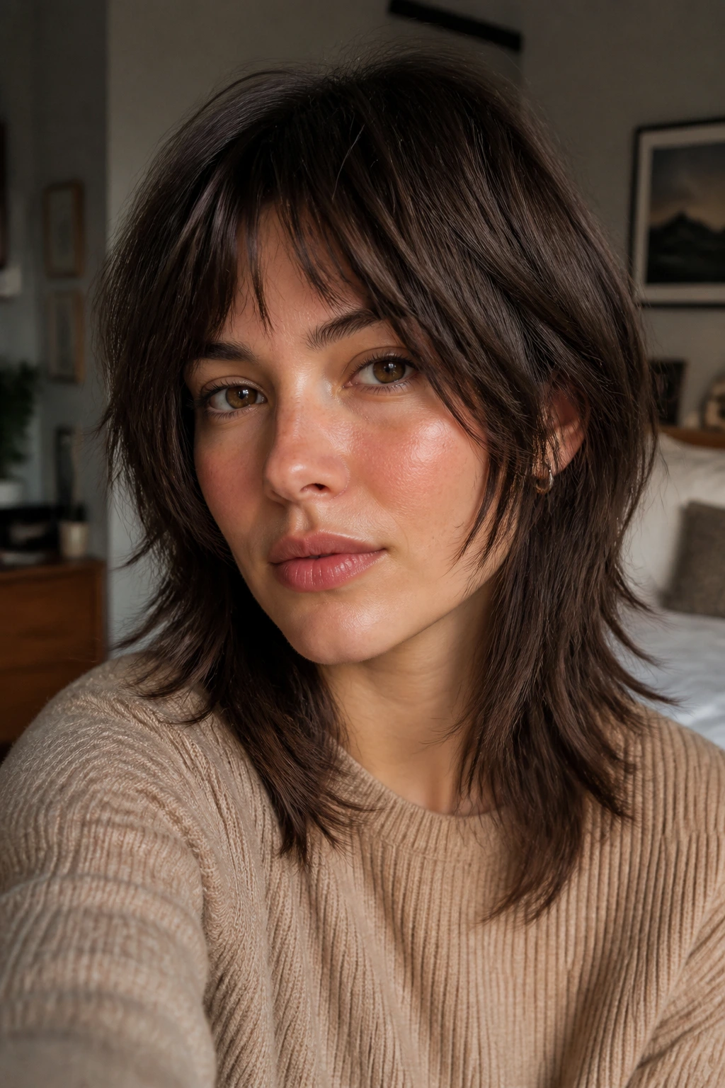 Portrait of a real woman with a low-maintenance shag showing air-dried texture and face-framing layers