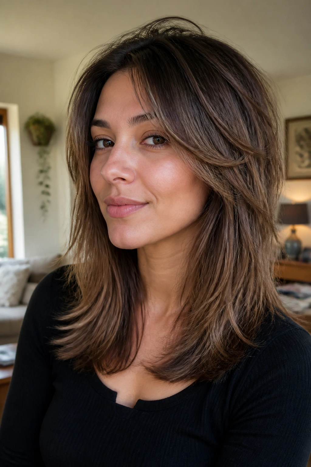 Close-up portrait of a real woman with a grow-out shag and soft layered front