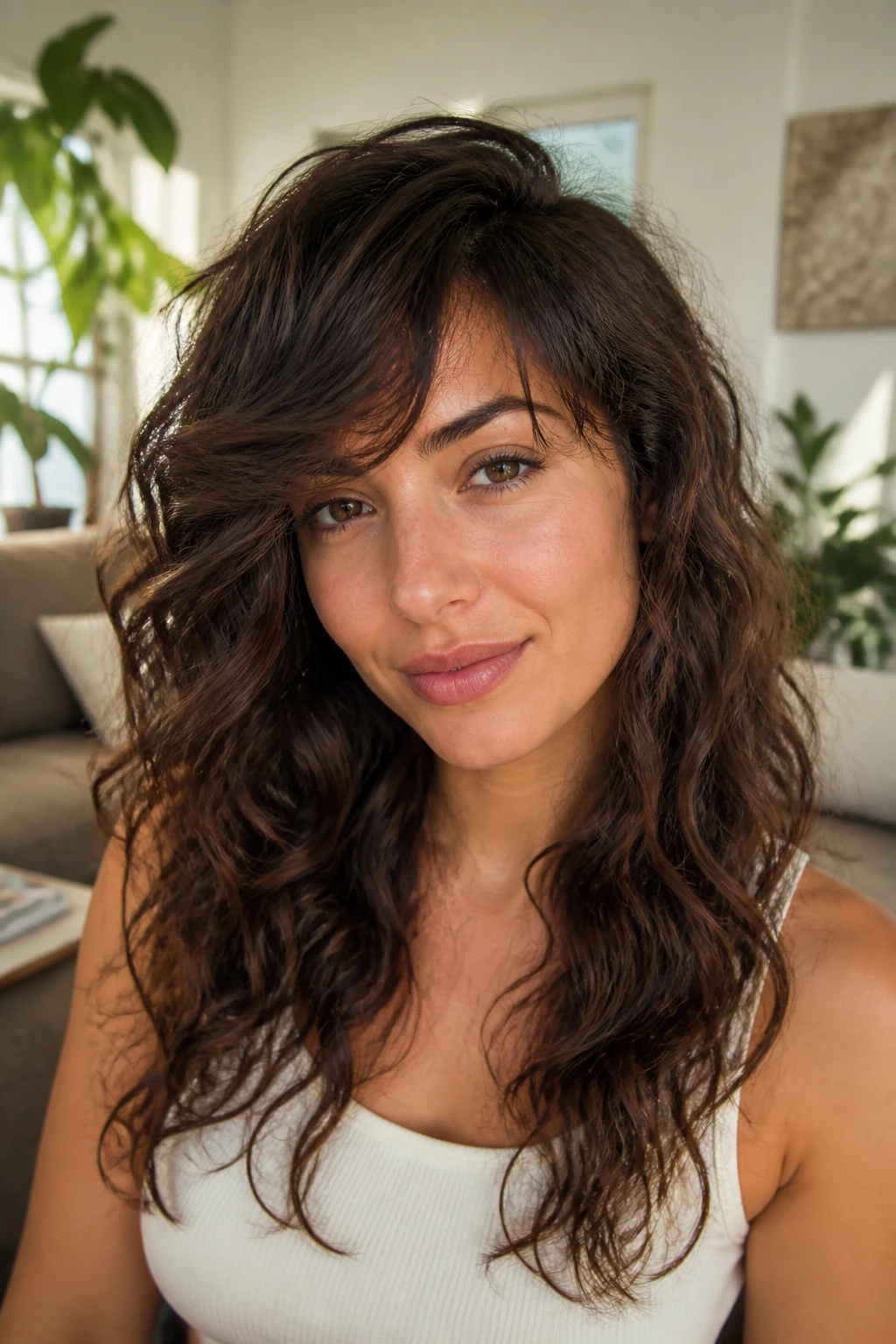 Close-up of a real woman with a low-maintenance wavy-curly side sweep