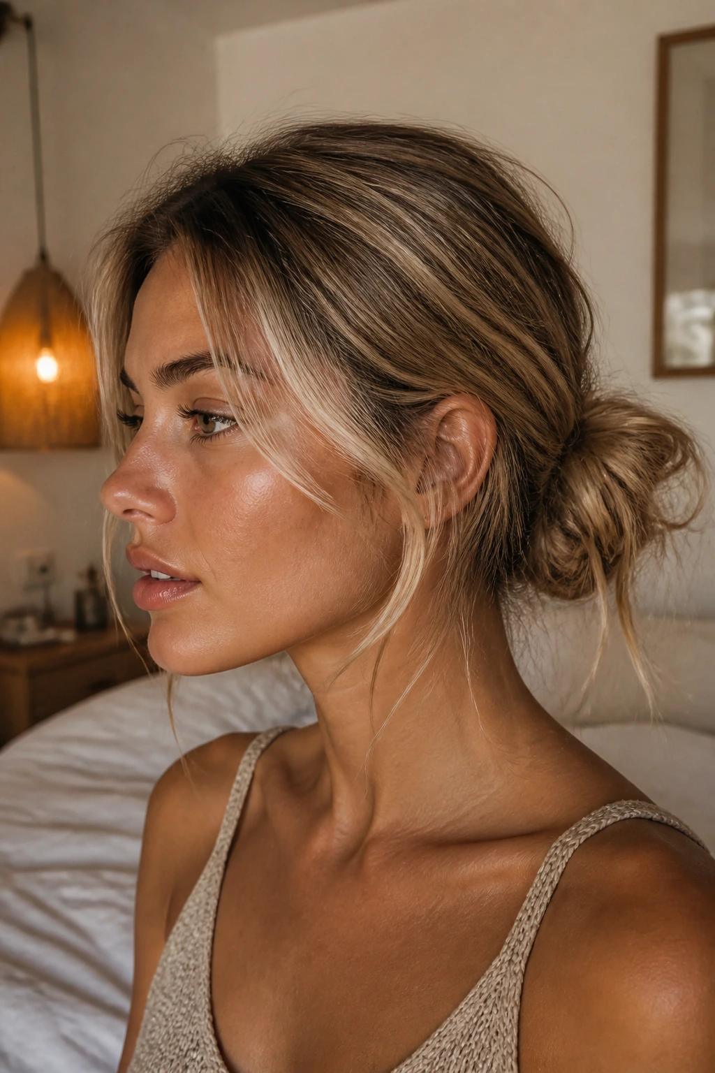 Close-up of a real woman with a low messy bun and beige blonde tones.
