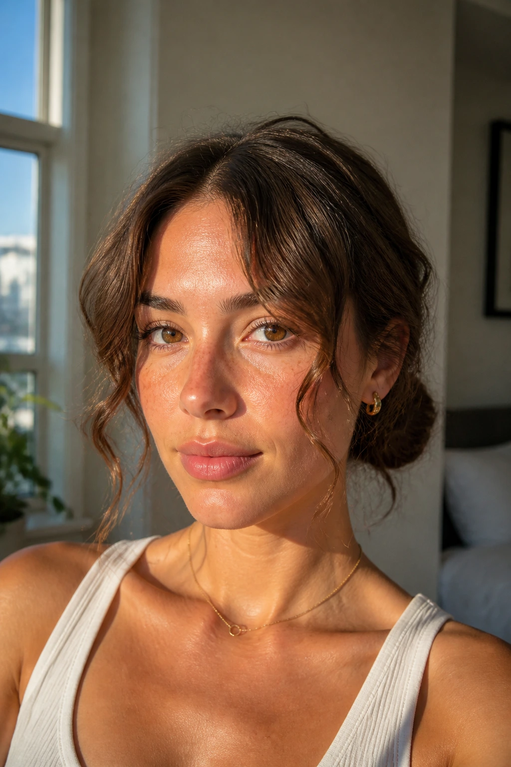 Portrait of real person with low messy bun and center part.