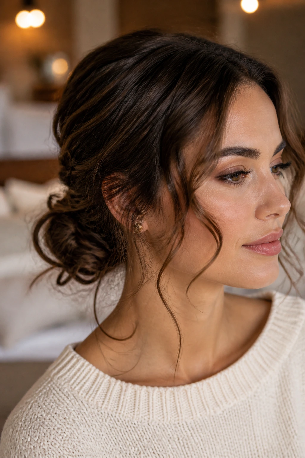 Close-up portrait of a woman with a low messy bun and curled tendrils