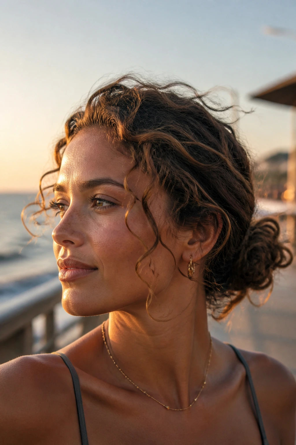 Close-up of a real woman with a low messy bun and loose spiral curls by the seaside during golden hour.