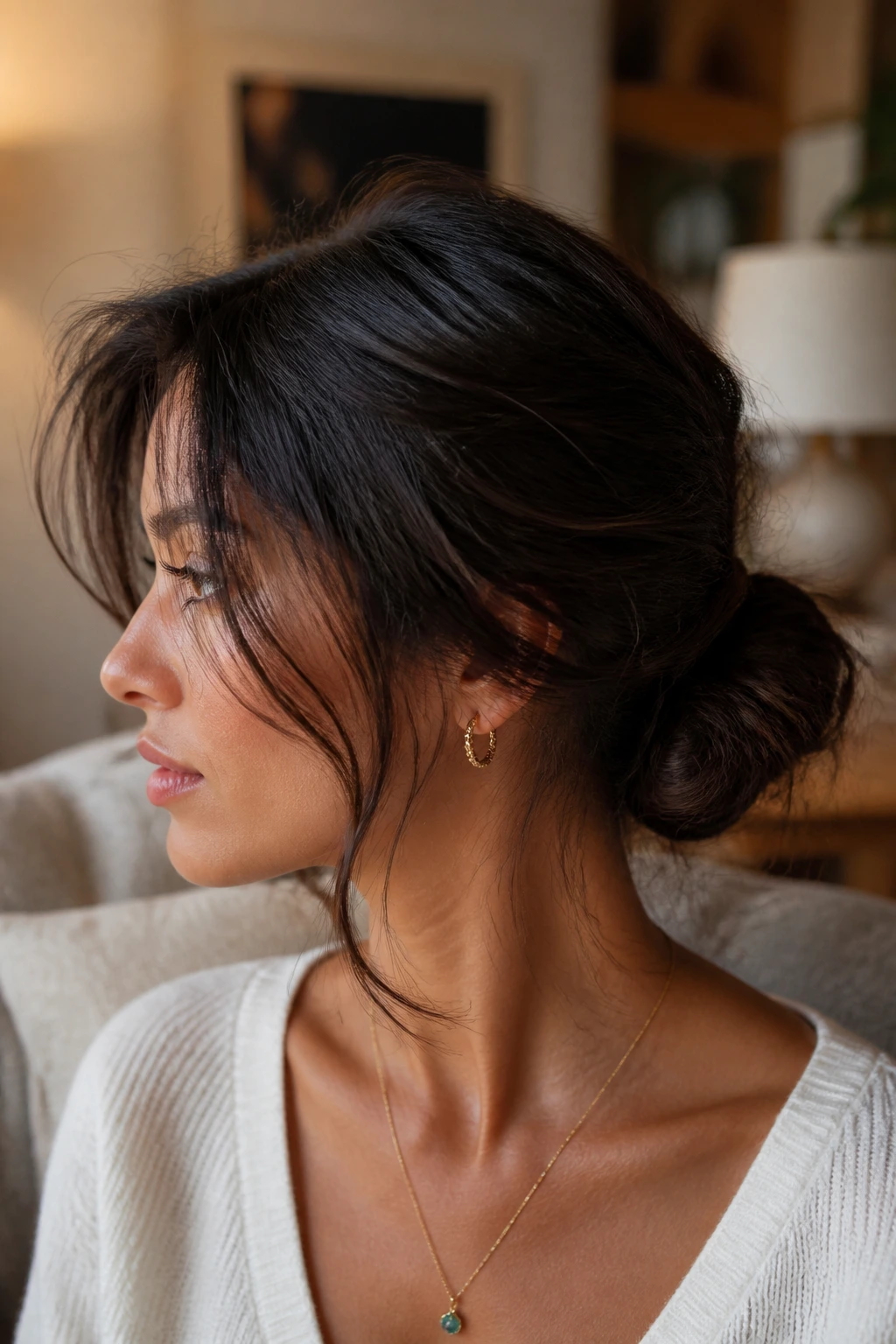 Close-up of a person with a low messy bun and wispy strands