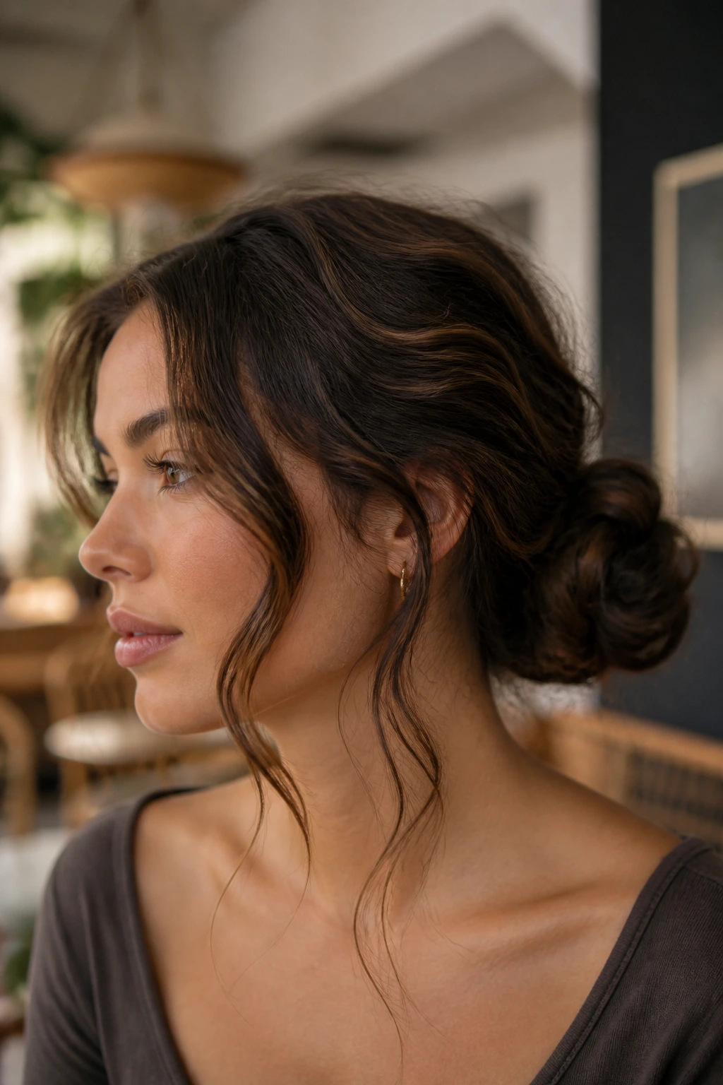 Close-up of a real woman with low messy bun and loose wavy tendrils