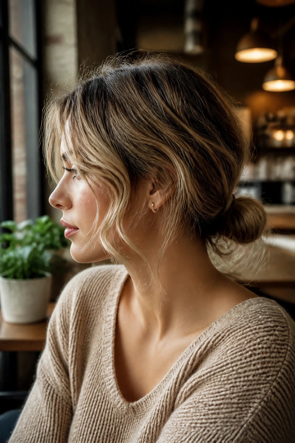 Side-profile of a woman with a low mini bun and face-framing waves