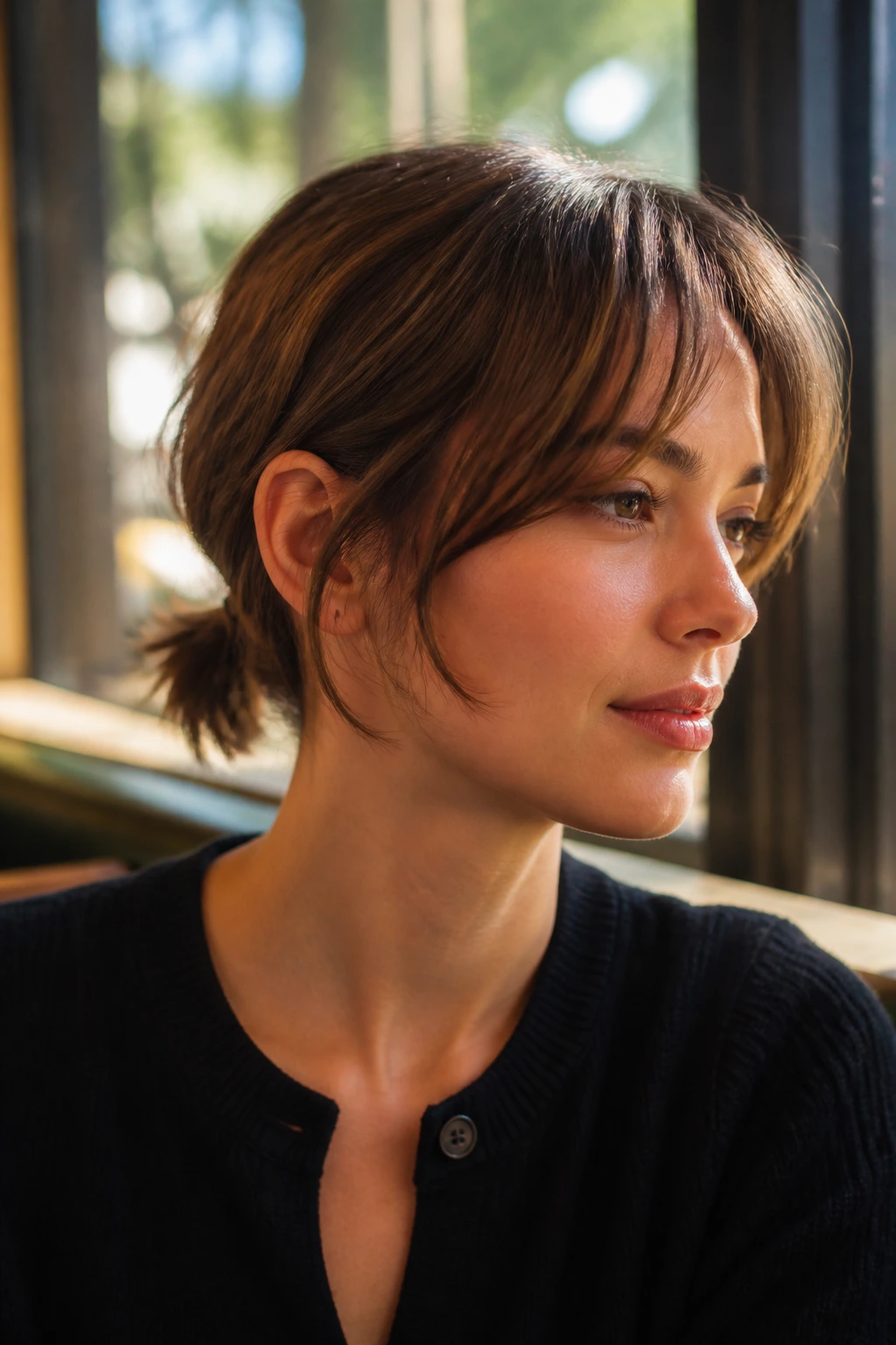 Close-up of a real woman with a low mini ponytail and curtain bangs at a cafe window.