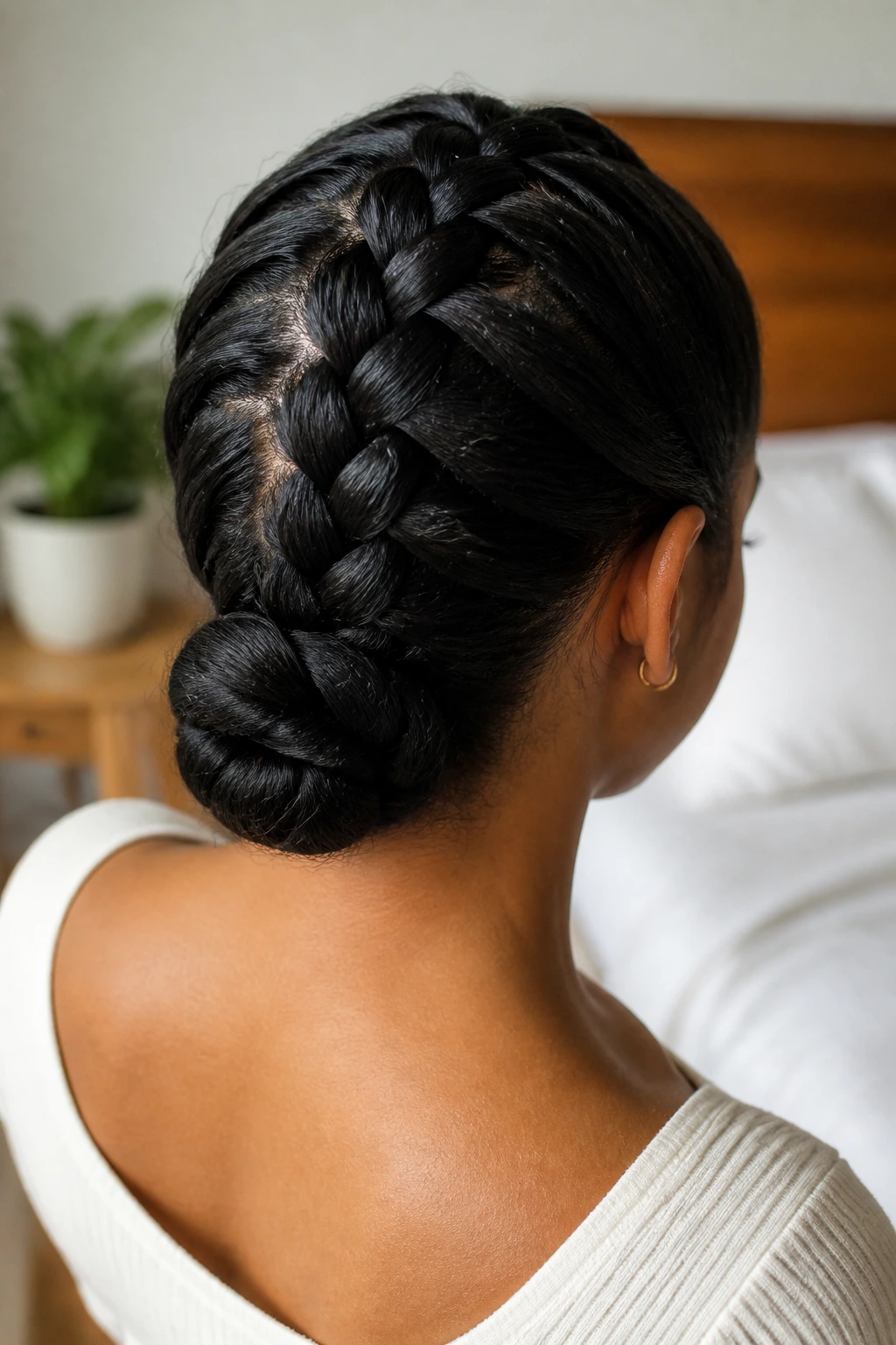 Real woman with a low-nape braid leading into a chignon.