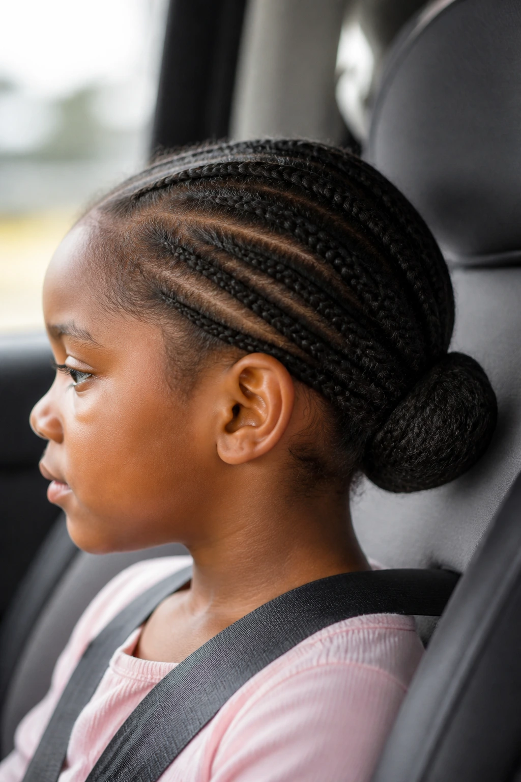Close-up profile of a child with a low nape ballet bun