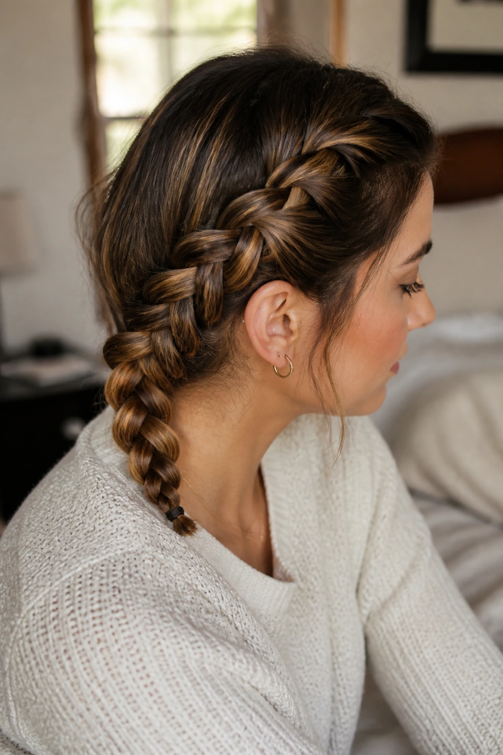 Close-up of a low nape Dutch braid on a real woman in soft bedroom light