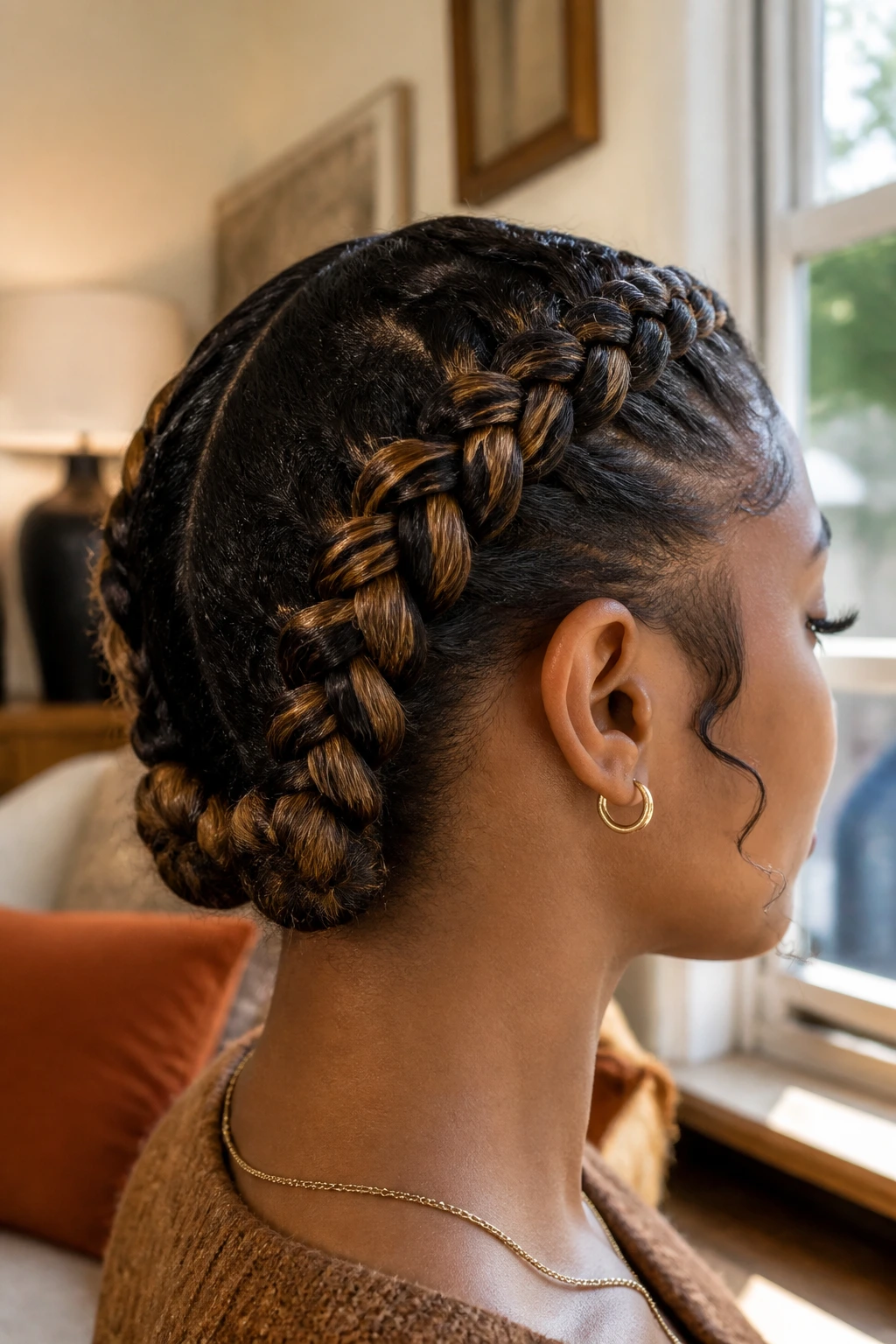 Close-up of low-nape Dutch braids on a real person
