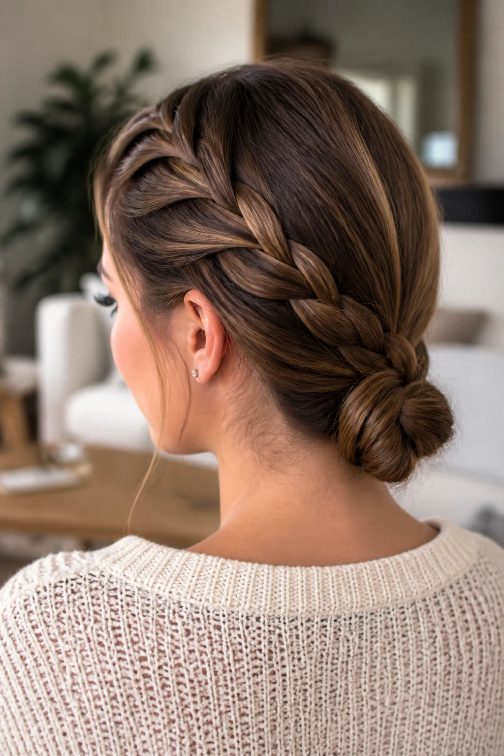 Close-up of a low nape French braid on long hair.